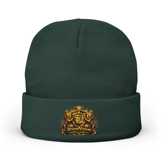 BrandVizion Collection Embroidered Crest Knit Beanie — Gold Heraldry Winter Hat